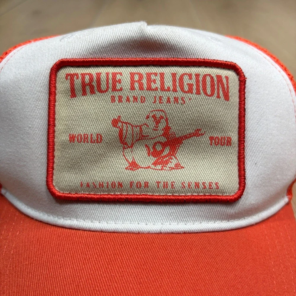 True Religion Mens World Tour Trucker Hat Orange White Buddha Logo Snapback Cap